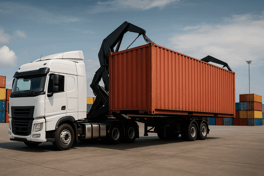 Image of a Side loader truck unloading a container