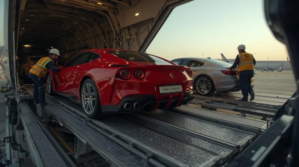 luxury car loaded into a cargo aircraft