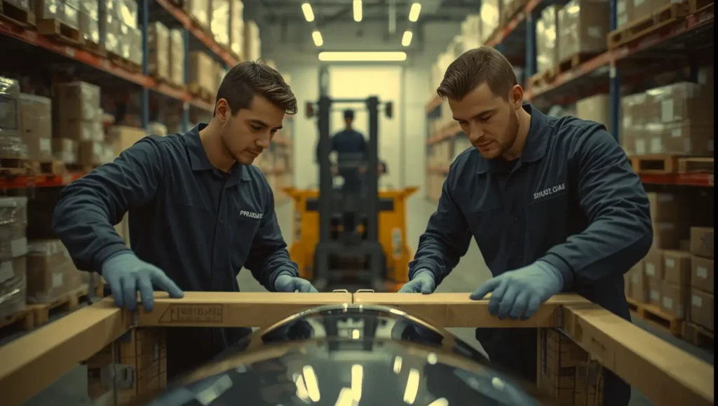 packing and crating a motorbike inside a warehouse